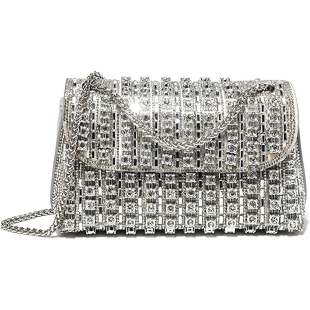 Women's Silver Rhinestones Chain Shoulder Sparkly Cocktail Party Clutch Bag